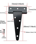 Diagram of 8 Inch T Strap Hinges showing dimensions, ideal for shed doors, gates, and barn doors. Heavy duty, galvanized rustproof iron.
