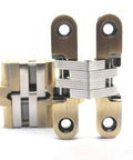 Front view of 2 Pack Concealed Hidden Mortise Door Hinges in stainless steel with screws, ideal for folding doors in hotels and wooden doors.