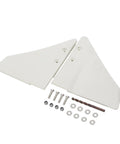 Gas-Saving Dorsal Fin Style Hydrofoil Stabilizer For 5-150 HP Outboard And Sterndrive Motors Durable UV-Resistant PA66 White Plastic With SS316 Bolts displayed with installation accessories