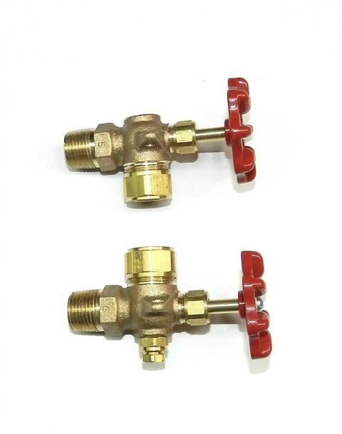 Sight Glass Water Gauge Valve Set For 5/8 Inch Diameter Steamaster Boilers Brass With Aluminum Wheels, top view, red handles