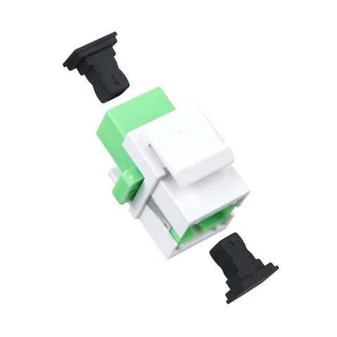 Ten Pack Fiber Optic SC To SC APC Simplex Couplers For Singlemode Cables, white keystone jack adapter, close-up view