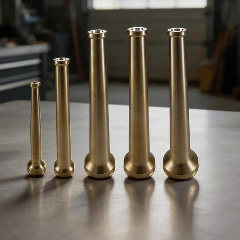 Heavy Duty Solid Brass Fire Hose Nozzle One Point Five Inch NPT Fitting For Hardcore Industrial Firefighting and Straight Shot Water Flow Control, showcasing various sizes.