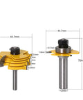 Top Notch 2 Piece Slot Cutter Router Bit Set With Stacked And Bearing Guided 3 Wing Cutters 44.7mm diameter, 8mm or 12mm shanks.