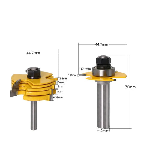 Top Notch 2 Piece Slot Cutter Router Bit Set With Stacked And Bearing Guided 3 Wing Cutters 44.7mm diameter, 8mm or 12mm shanks.