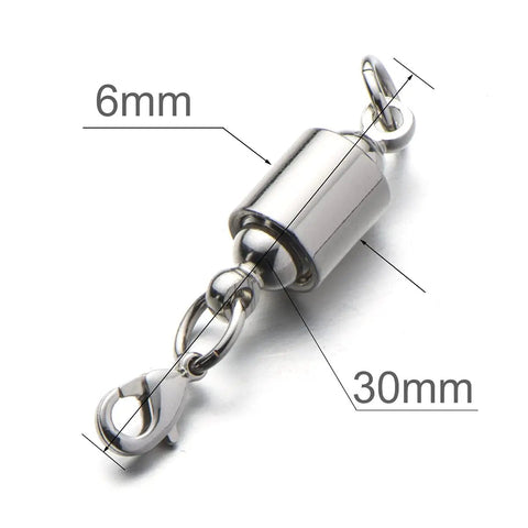 Screw Locking Magnetic Necklace Clasp For 6mm Silver Jewelry No Fuss Safety Closure With Built In Magnet Lead And Cadmium Free Brass Strong Hold Add On Length Connector For Easy Secure Fit, dimensions 6mm by 30mm.