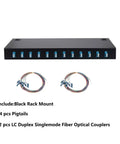 Snap On 24 Fiber Rack Mount Optical Distribution Enclosure Box With LC UPC Adapters For OS2 Single Mode Cables, includes pigtails.