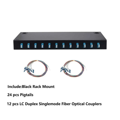 Snap On 24 Fiber Rack Mount Optical Distribution Enclosure Box With LC UPC Adapters For OS2 Single Mode Cables, includes pigtails.