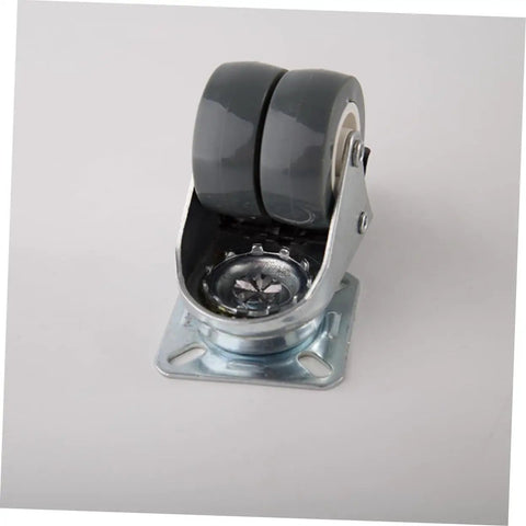 Top Shelf Heavy Duty Two Inch Twin Caster Wheels With Locking Brake And True 360 Swivel Action, double wheel design with gray TPR rubber.