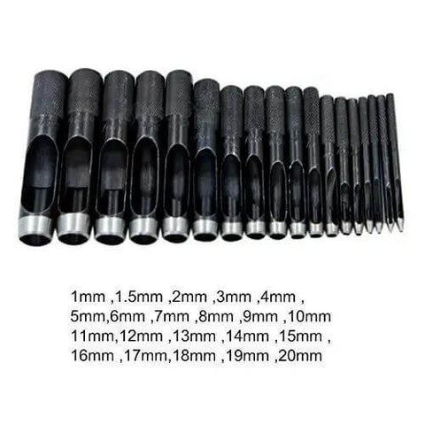 Multi Size Round Hole Punch Cutter Set For Leather Belts Watch Bands And Canvas showing various punch sizes from 1mm to 20mm