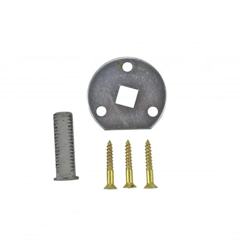 One Inch Square Steel Dummy Door Knob Spindle Pack Of 10 With Mounting Hardware And Backplates, screws and backplate shown
