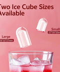 Quick Bullet Ice Maker For Countertop No Fuss Cleanup Makes Fresh Cubes In Six Minutes Solid Choice For Home Office Bar Or RV Trips showing small and large ice cubes above a glass.