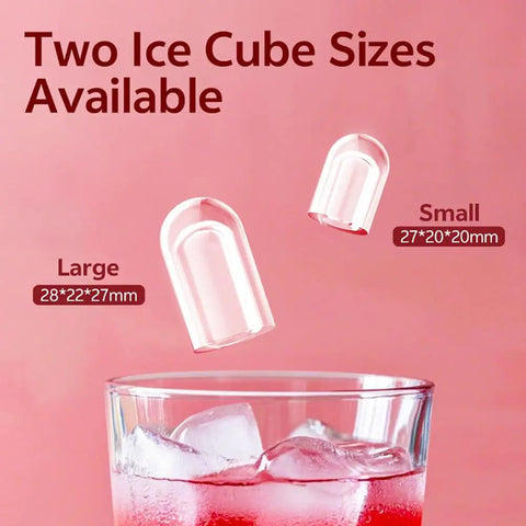 Quick Bullet Ice Maker For Countertop No Fuss Cleanup Makes Fresh Cubes In Six Minutes Solid Choice For Home Office Bar Or RV Trips showing small and large ice cubes above a glass.