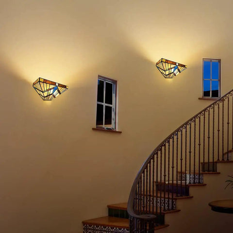 Vintage Tiffany Style Stained Glass Wall Sconce 2 Light 12 Inch Wide Cream Amber in elegant staircase setting