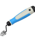 Side view of blue and gray deburring tool with a conical countersink bit