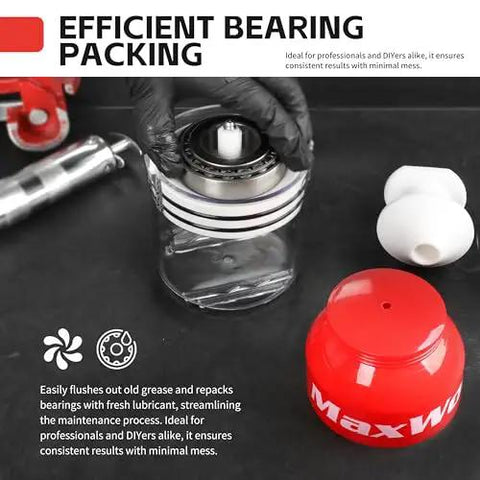 Hand Bearing Packer for Repacking Bearings Up To 3.5 Inch Diameter with easy grease flush and clean operation in use on a workbench.