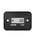 Front view of a digital hour meter for gas engines waterproof design keeps tabs on engine hours, black casing with digital display