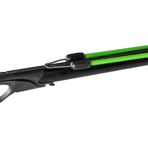 Close-up of Beast Speargun For Spearfishing With 28mm Aluminum Barrel, 14mm Screw In Elastics, 40 Inch Length for underwater hunts.