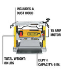 Heavy Duty 12.5 Inch Benchtop Wood Thickness Planer Packing A Beefy 15 Amp Motor And Triple Cutter Head, showing specs and features.