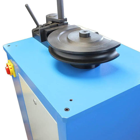 Hardcore Programmable Electric Tube Bender With Smart Plc Auto Manual Toggle 2Hp 220Volt Motor close-up view of bending die on blue base.