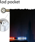 Close-up of Patrol Wagons themed blackout curtains with city police cars and warning lights, rod pocket detail shown.