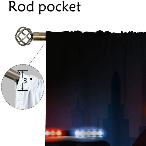 Close-up of Patrol Wagons themed blackout curtains with city police cars and warning lights, rod pocket detail shown.