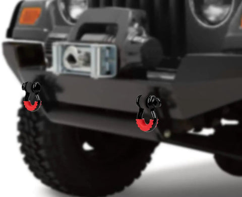 Beefy 3/4 Inch D Ring Shackles 2 Pack With 7/8 Inch Screw Pin mounted on vehicle front bumper for off-road recovery, black finish