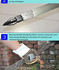 Heavy Duty Manganese Steel Sewer Snake Drain Rooter With Comfort Grip Handle Clears Stubborn Clogs And Gunk Like A Champ For Real Pros And Weekend Crews in use, showing steel punch and clamping handle.