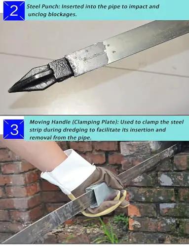 Heavy Duty Manganese Steel Sewer Snake Drain Rooter With Comfort Grip Handle Clears Stubborn Clogs And Gunk Like A Champ For Real Pros And Weekend Crews in use, showing steel punch and clamping handle.