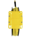 Front view of Double Arm Hose Reel With Half Inch By Fifty Foot Premium Rubber Air Hose mounted on yellow steel frame.