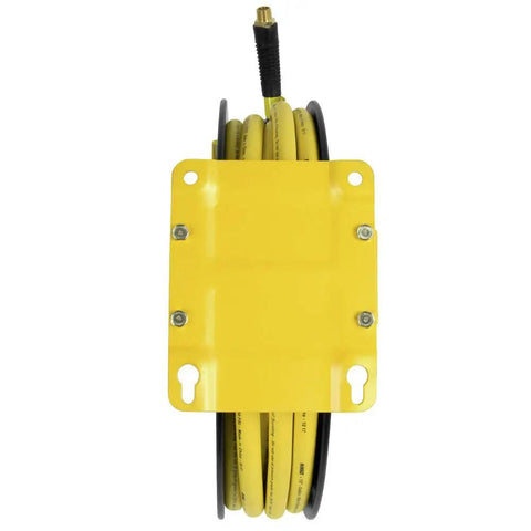 Front view of Double Arm Hose Reel With Half Inch By Fifty Foot Premium Rubber Air Hose mounted on yellow steel frame.