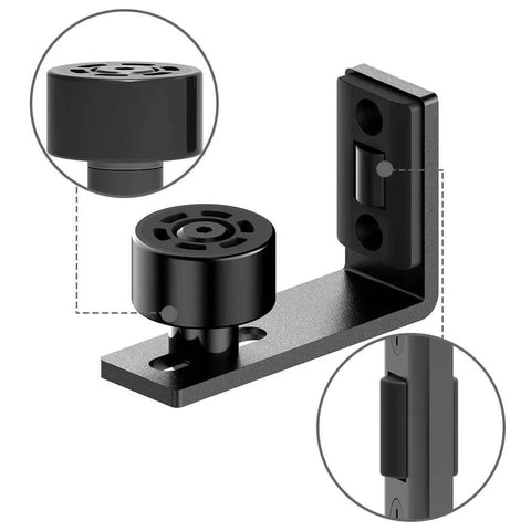 Adjustable Floor Guide For Sliding Barn Doors Black, Wall And Door Bottom Roller Guard shown with mounting detail