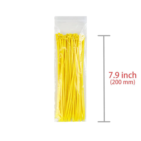 Pro Grade Plastic Safety Barrier Chain For Crowd Control And Parking, 7.9 inch yellow zip ties in a plastic bag with size indication