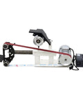 Garage Beast Variable Speed Belt Sander And Metal Polisher With A Wide 72 To 82 Inch Sanding Belt And 3 Grinding Wheels Paired With A Rock Solid Base 110V viewed from the side showing motor and sanding mechanism.