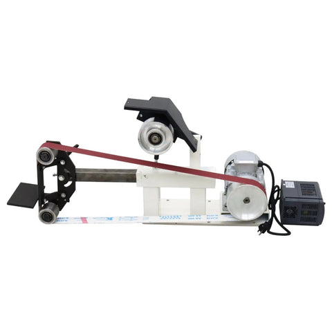 Garage Beast Variable Speed Belt Sander And Metal Polisher With A Wide 72 To 82 Inch Sanding Belt And 3 Grinding Wheels Paired With A Rock Solid Base 110V viewed from the side showing motor and sanding mechanism.
