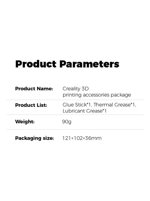 Specifications of All In One 3D Printer Maintenance Kit with bed adhesion glue stick and high temp thermal grease details