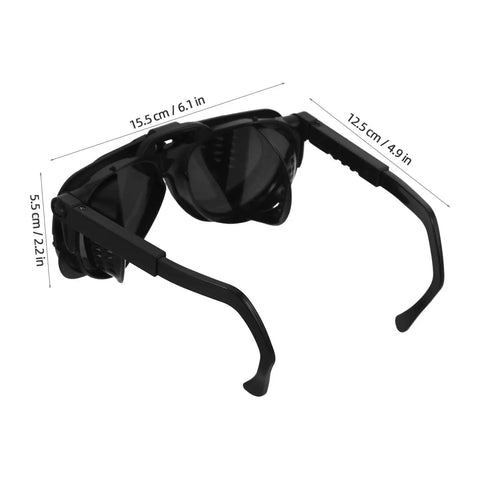 Premium Heavy Duty Industrial Double Lens Welding Goggles featuring snug adaptive face seal, dimensions 15.5 cm x 5.5 cm x 12.5 cm.