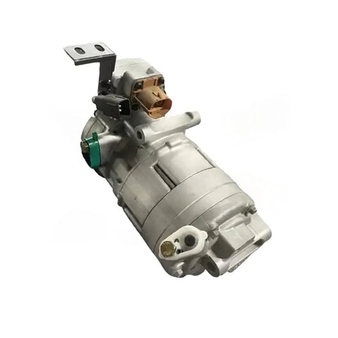 Badass Heavy Duty Electric AC Compressor For Sweet Ride Performance With Slick 110 Millimeter Pulley Four Five Groove Reliable Twelve Volt Power Supply Rock Solid Durability Premium Auto Parts Replacement side view showing the unit's hookups and motor design.