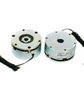 Two round silver micro electromagnetic holding brakes with mounting holes and wires