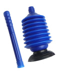 Heavy Duty Toilet Plunger Slays Stubborn Bathroom Clogs Quickly Without Breaking A Sweat Using Legit High Pressure Suction And Ergonomic Grip Handle, blue plunger with a rubber cup and solid handle.