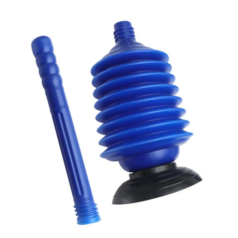 Heavy Duty Toilet Plunger Slays Stubborn Bathroom Clogs Quickly Without Breaking A Sweat Using Legit High Pressure Suction And Ergonomic Grip Handle, blue plunger with a rubber cup and solid handle.