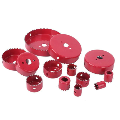 Ultimate 16-Piece Hole Saw Kit Made From Heavy Red Steel For Cutting Wood PVC Pipe And Plastic Boards Perfect For Pro Work Or Serious DIY Home Projects To Make Any Cut Look Totally Rad And Professional. 16-piece red steel hole saw bits set