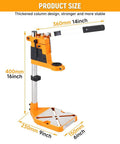 Adjustable Universal Drill Press Stand With Heavy Duty Aluminum Base For Precision Woodworking dimensions with ergonomic handle features.