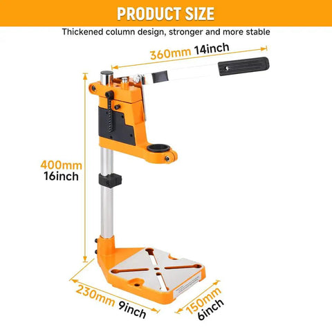 Adjustable Universal Drill Press Stand With Heavy Duty Aluminum Base For Precision Woodworking dimensions with ergonomic handle features.