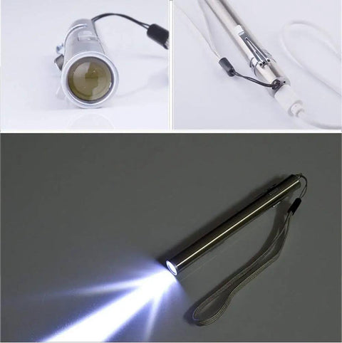 Five Pack USB Rechargeable Pen Light With 400 Lumens showing close-up of lens, USB connection, and active LED light beam.