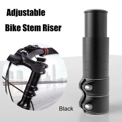Super Adjustable Bike Stem Riser Extender Built With Tough Aluminum Alloy displayed with 1-1/8 inch handlebars on bike