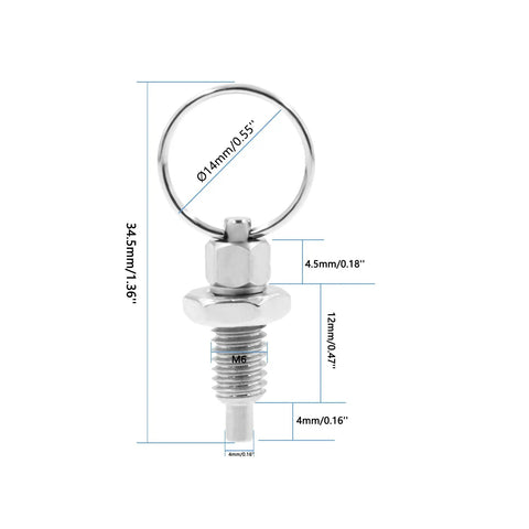 Top Shelf Stainless Steel Spring Plunger With Pull Ring, Retractable Nonlocking Index Pin, 360 Degree Rotate Mount, Rustproof Heavy Duty Hardware, No Fuss 2 Pack Metric Kit dimensions showing 34.5mm length.