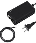 Power Over Ethernet Injector 48V 24W Supply for Cameras, IP Phones, Switches - Gigabit Ethernet, IEEE 802.3at/af, RJ45 Compliant, 10/100/1000 Mbps, Overload Protected, Plug N Play, Includes 3ft Cat6 Cable. Black PoE injector with power cord