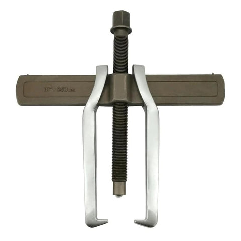 2-jaw gear puller, 10-inch; silver jaws, brown crossbar, central threaded screw for pulley/flywheel removal