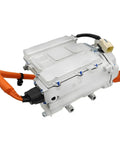Heavy Duty Electric AC Compressor Direct Swap For Byd Qin Ev Replaces Oe Ha2em8103020 Factory Oil Protects Your Whip Ice Cold Straight Shots Drop In Install Setup side view showing orange wiring and aluminum body.