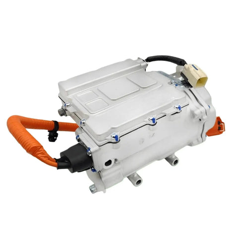 Heavy Duty Electric AC Compressor Direct Swap For Byd Qin Ev Replaces Oe Ha2em8103020 Factory Oil Protects Your Whip Ice Cold Straight Shots Drop In Install Setup side view showing orange wiring and aluminum body.